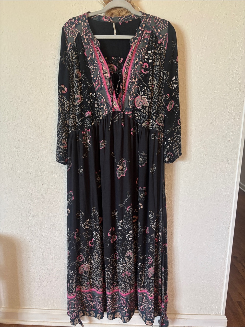 Free People Black Maxi Dress with Pink Floral Trim